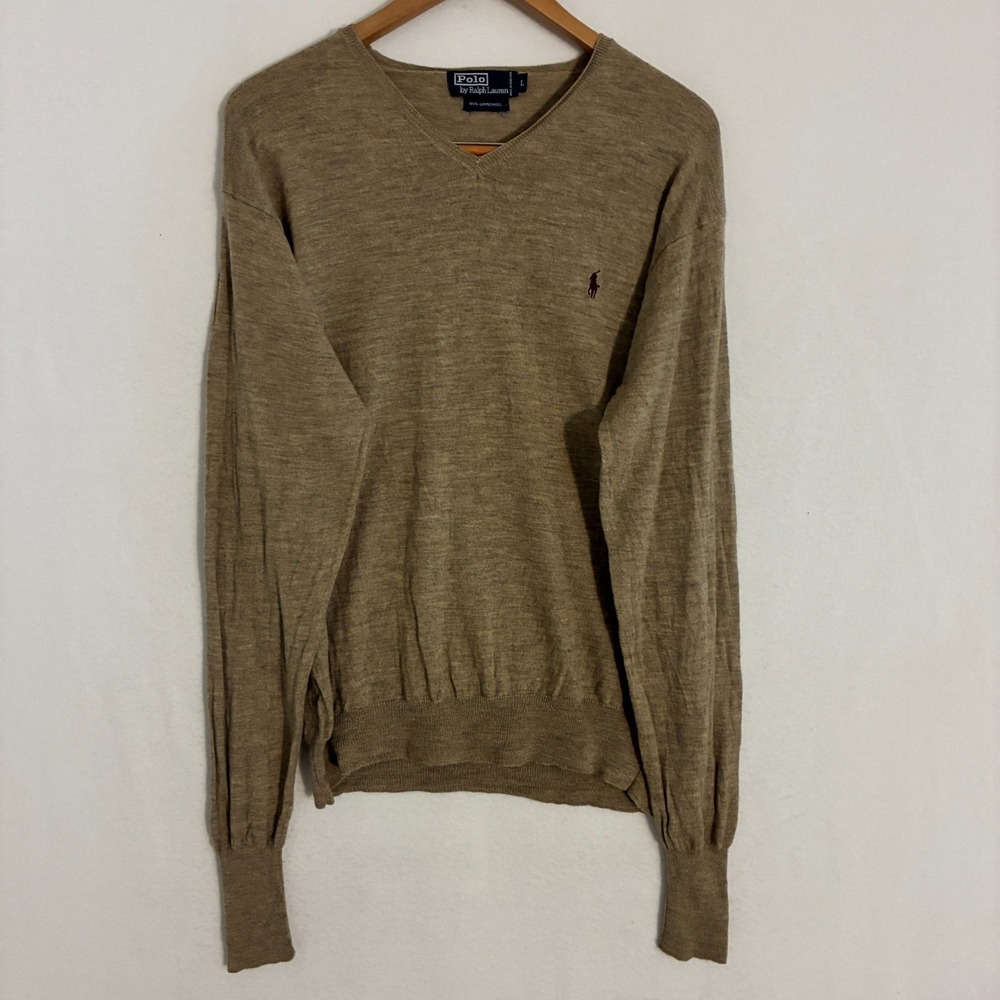 Vtg Polo Ralph Lauren Lambswool Sweater Men's L Logo V Neck Preppy Minimalist